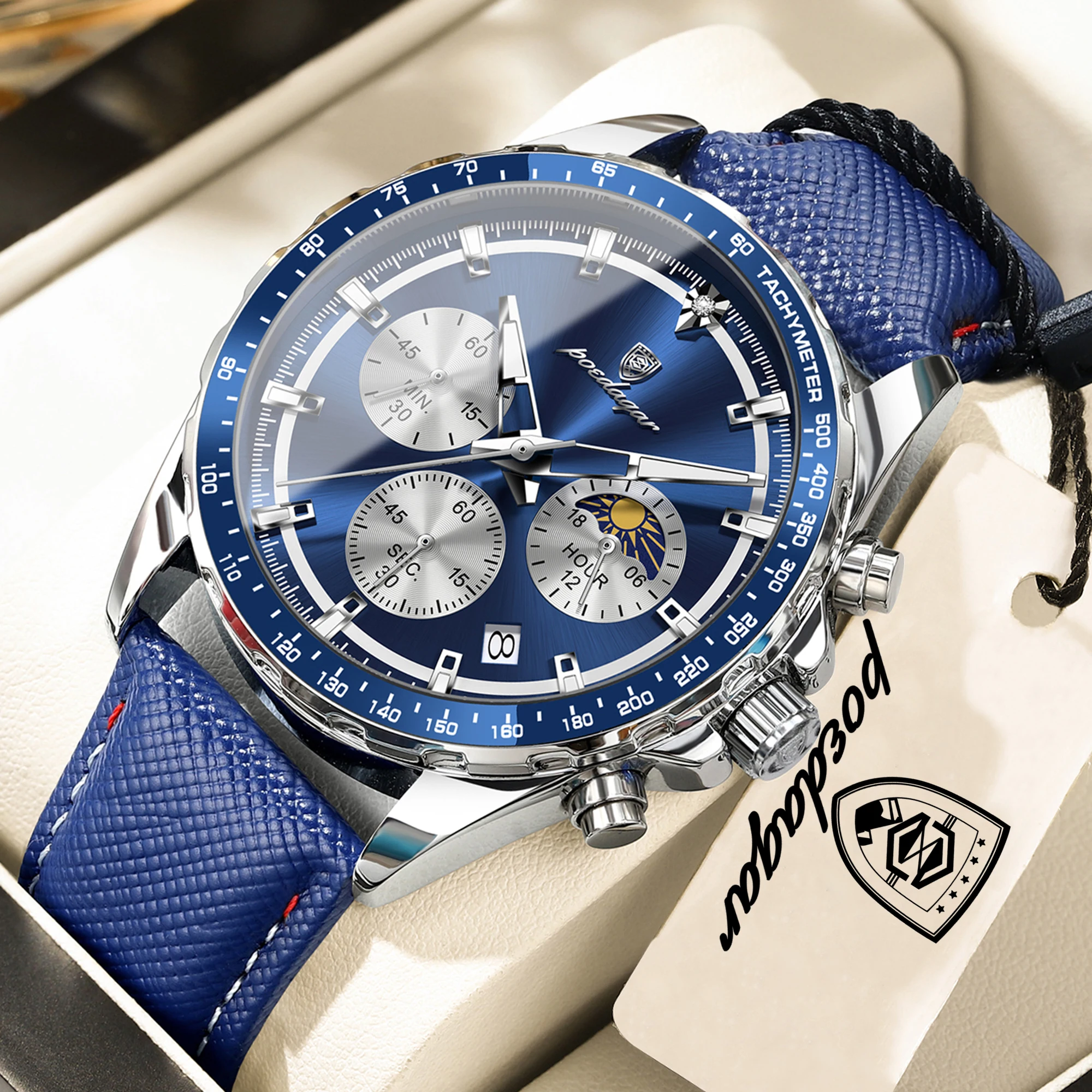 POEDAGAR Men’s Luminous Leather Strap Sports Chronograph Quartz Watch (Model 879L) - Image 9
