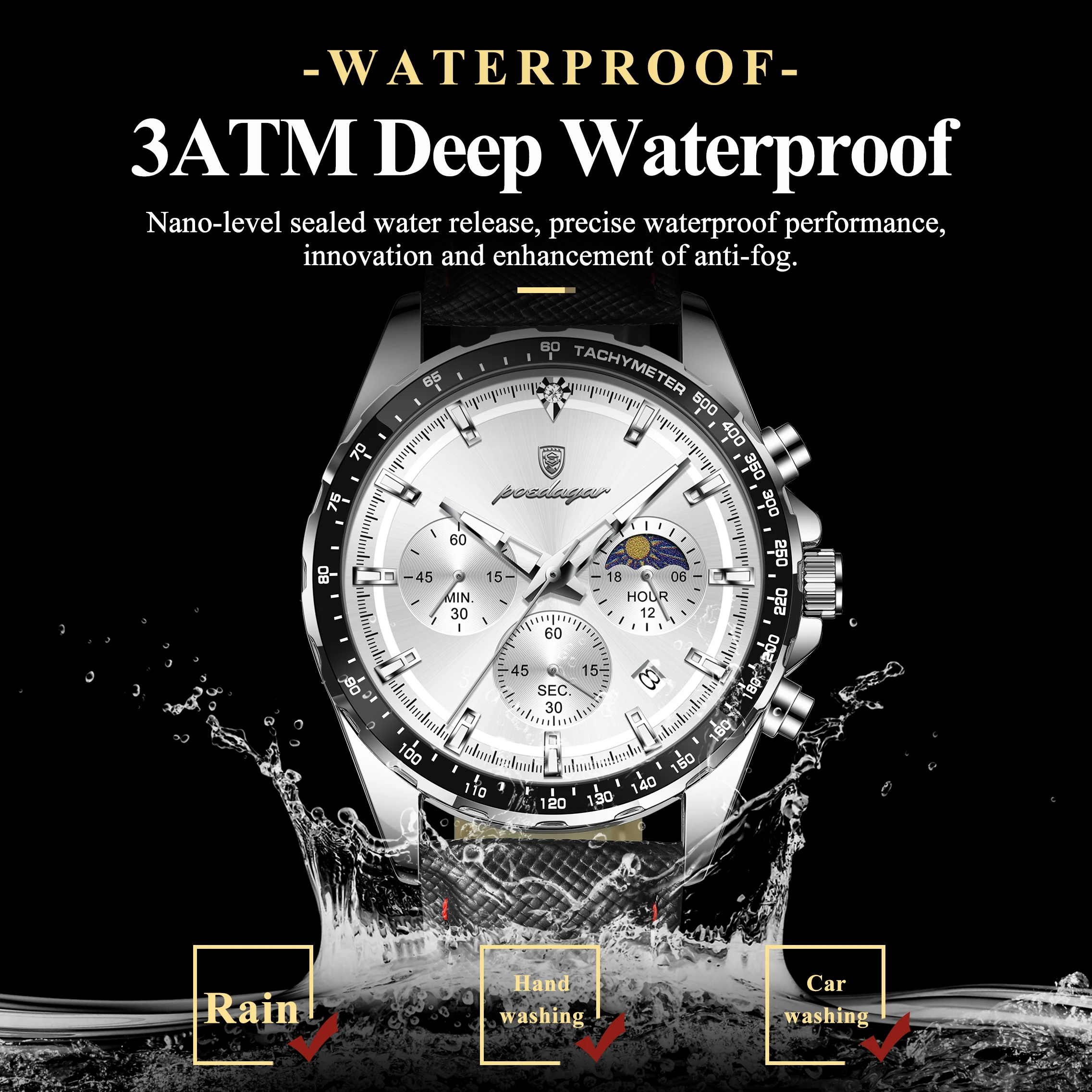 POEDAGAR Men’s Luminous Leather Strap Sports Chronograph Quartz Watch (Model 879L) - Image 3