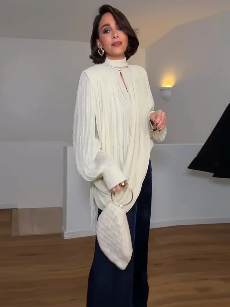 Women’s Pleated Asymmetry Casual Blouse, Half High Collar (Pullover) - Image 6