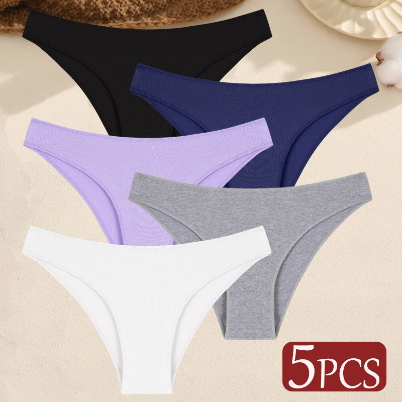 5-Piece Set of Women's Seamless Cotton Low-Waist Briefs in Solid Colors - Image 12