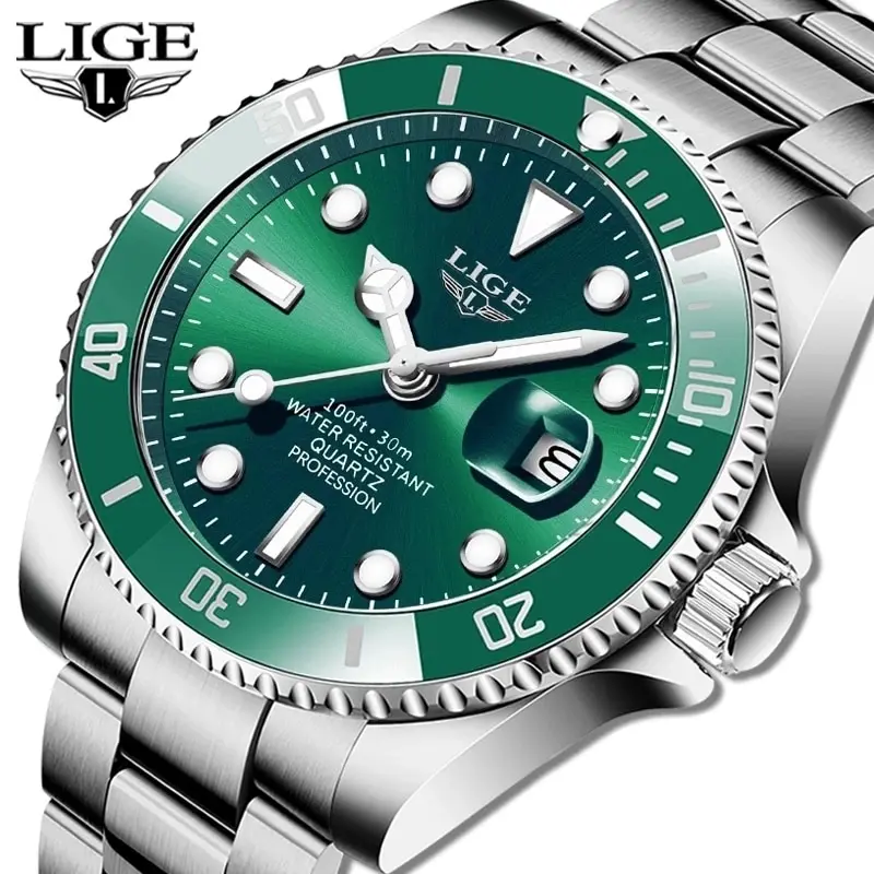 LIGE Luxury Diver Quartz Men’s Watch, Stainless Steel Bracelet, Hardlex Crystal