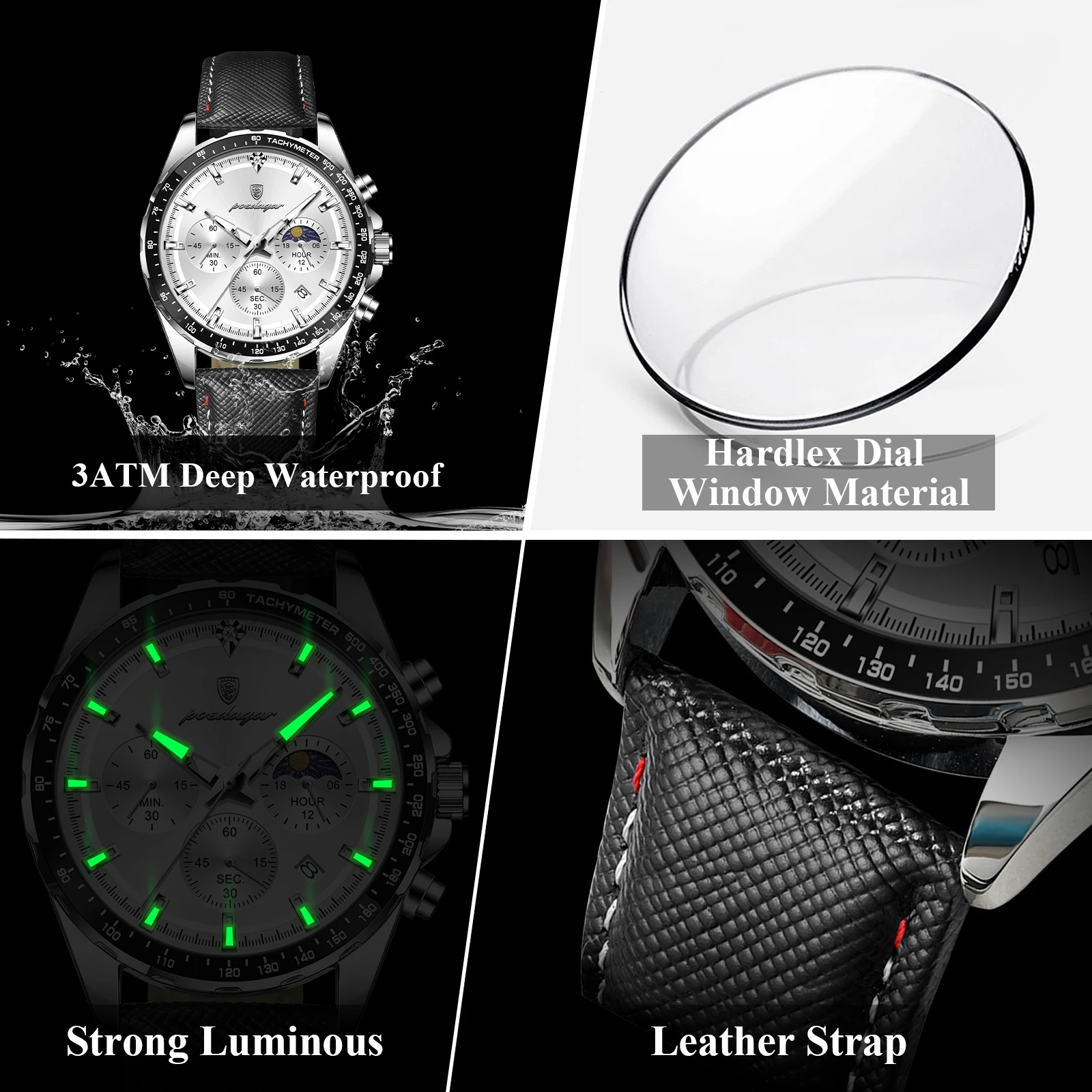 POEDAGAR Men’s Luminous Leather Strap Sports Chronograph Quartz Watch (Model 879L) - Image 4