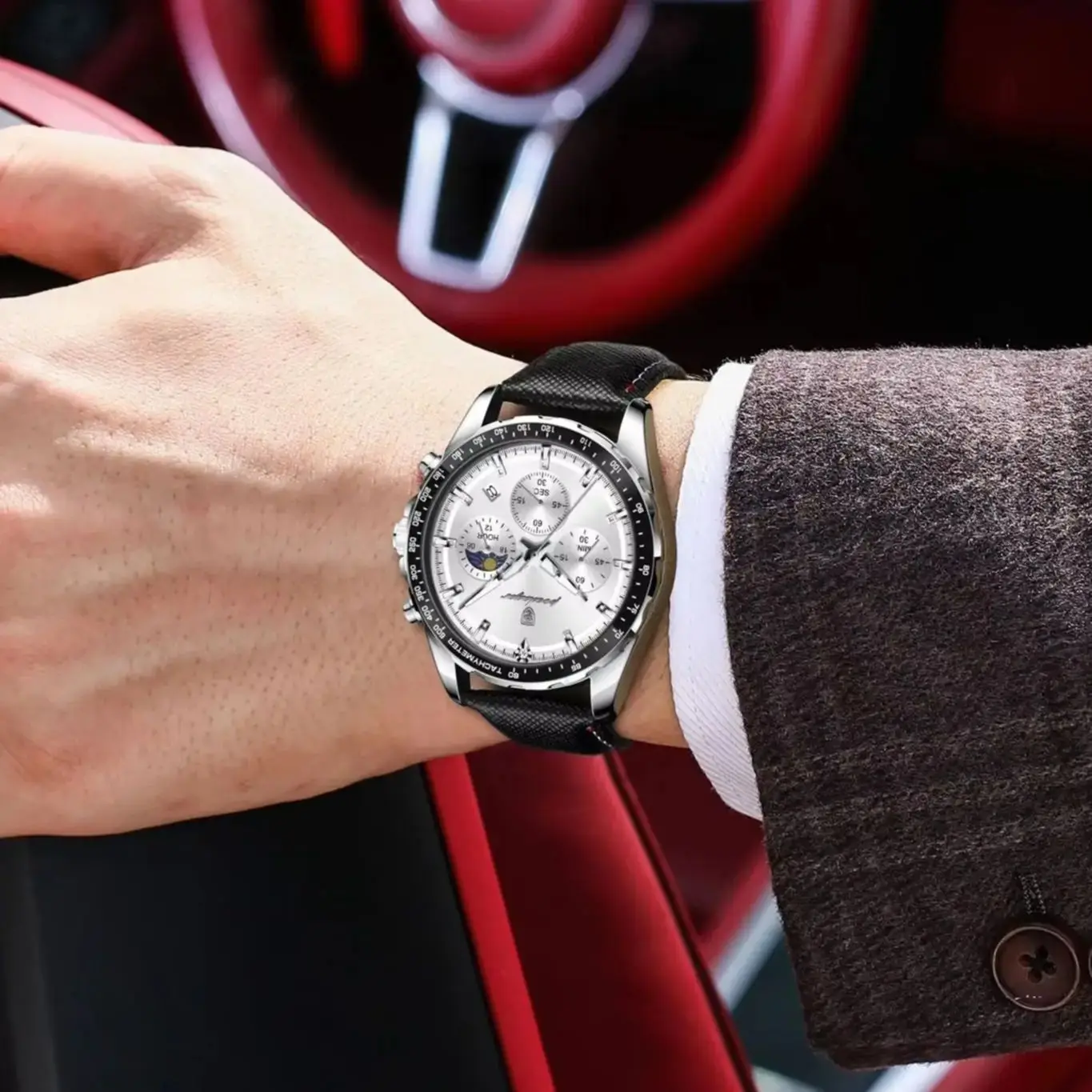 POEDAGAR Men’s Luminous Leather Strap Sports Chronograph Quartz Watch (Model 879L) - Image 5
