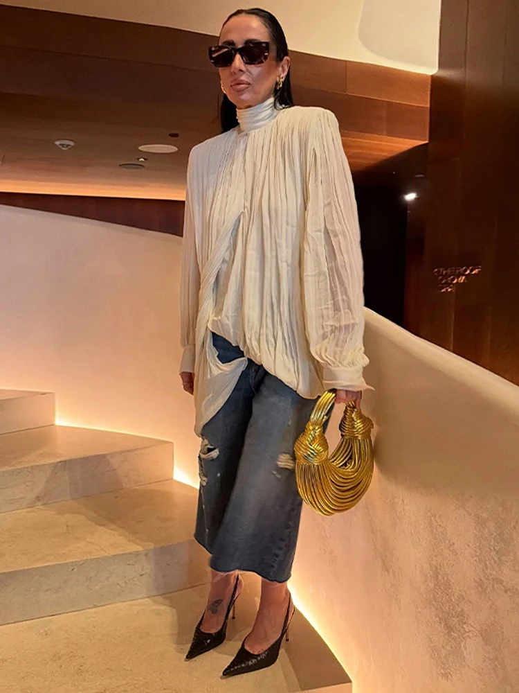 Women’s Pleated Asymmetry Casual Blouse, Half High Collar (Pullover) - Image 4