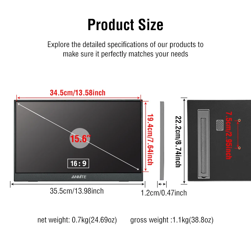 Anmite 15.6-Inch Portable Type-C Monitor (1080P , IPS, Built-In Speaker) for Laptop Xbox PS5 Switch - Image 5