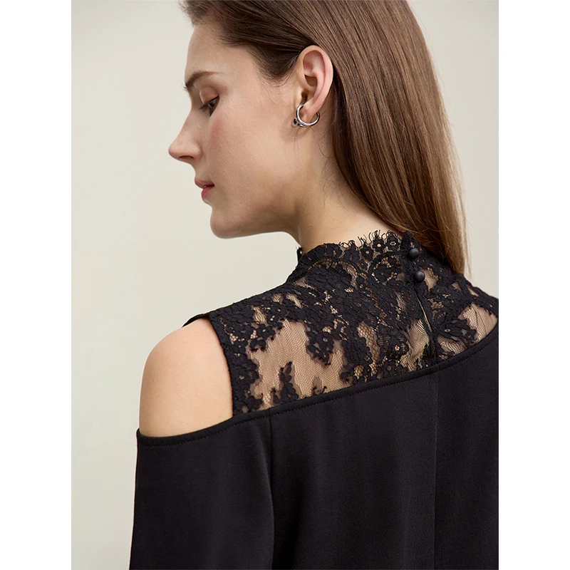 Chic Loose-Fitting Long Sleeve Lace Off-the-Shoulder T-Shirt - Image 6