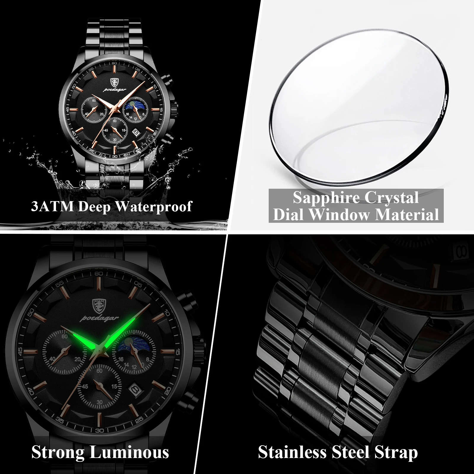 POEDAGAR Men's Waterproof Business Watch - Stylish and Functional - Image 4