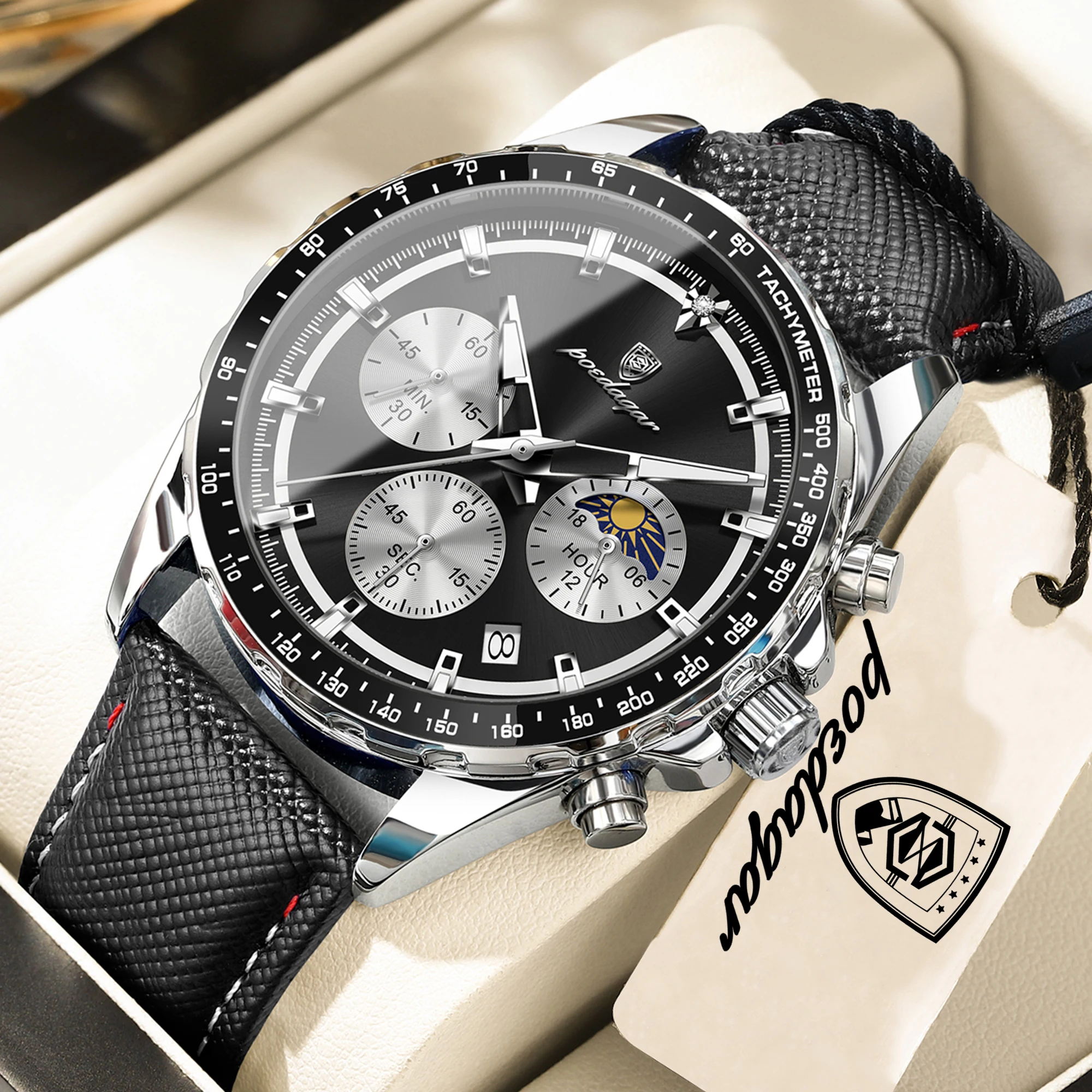 POEDAGAR Men’s Luminous Leather Strap Sports Chronograph Quartz Watch (Model 879L) - Image 8