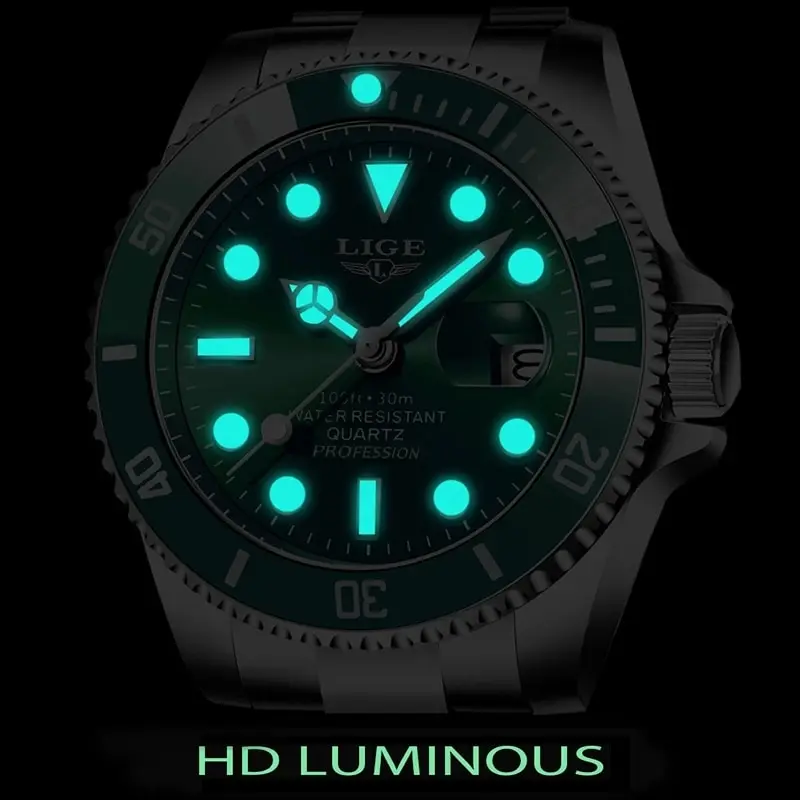 LIGE Luxury Diver Quartz Men’s Watch, Stainless Steel Bracelet, Hardlex Crystal - Image 3