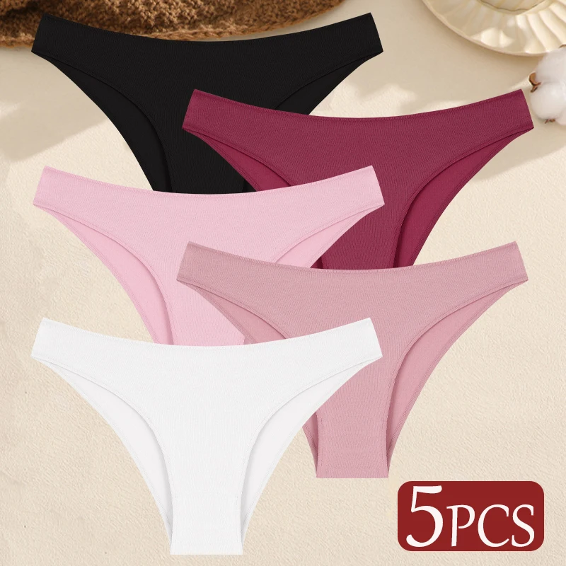 5-Piece Set of Women's Seamless Cotton Low-Waist Briefs in Solid Colors - Image 18