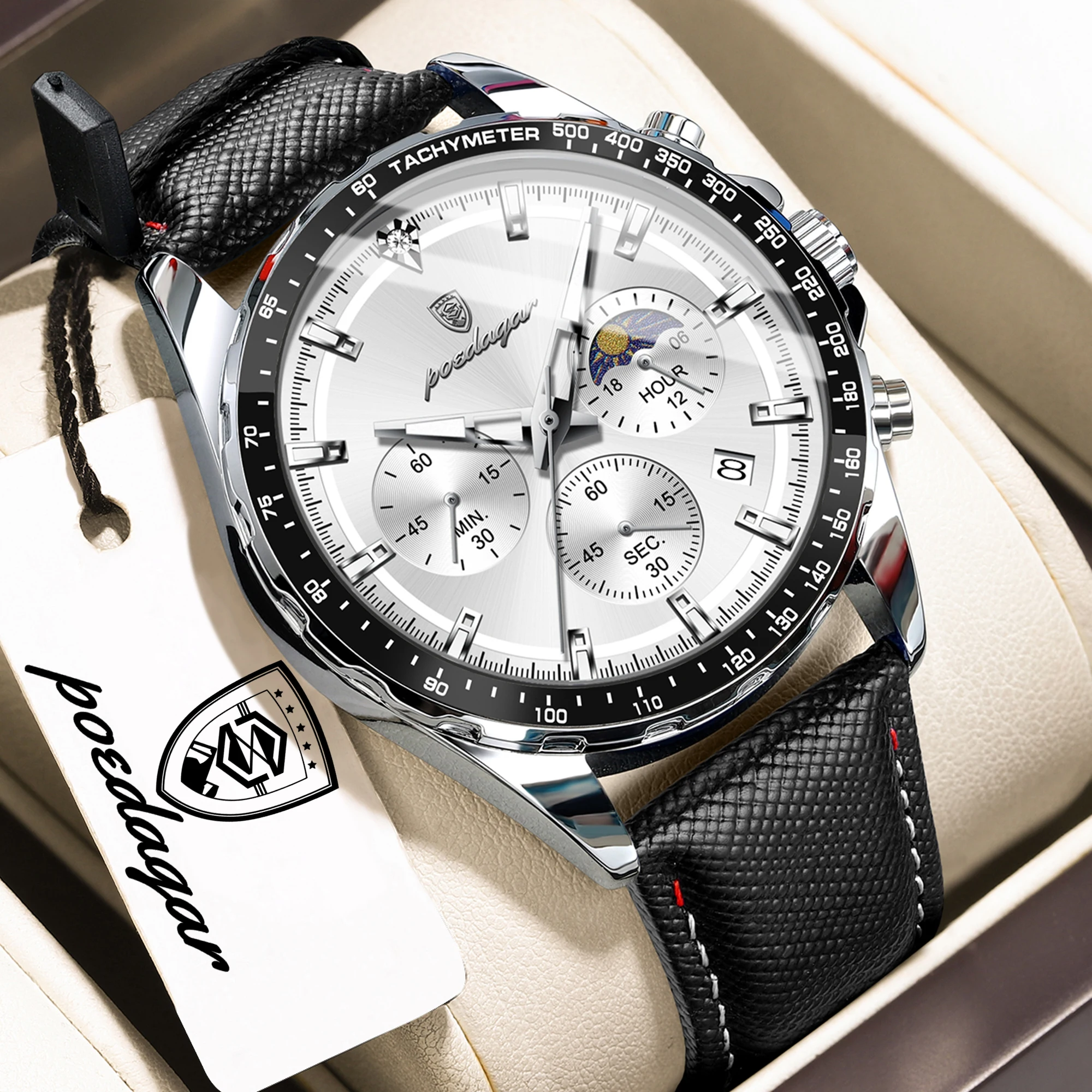 POEDAGAR Men’s Luminous Leather Strap Sports Chronograph Quartz Watch (Model 879L) - Image 2