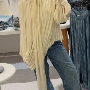 Women’s Pleated Asymmetry Casual Blouse, Half High Collar (Pullover)