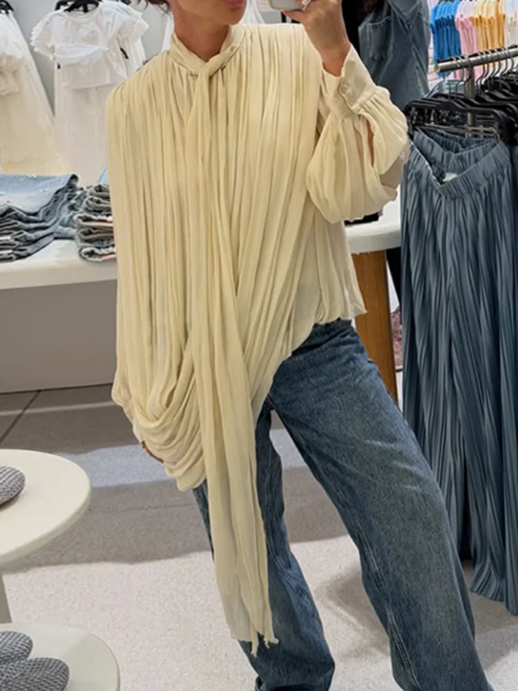 Women’s Pleated Asymmetry Casual Blouse, Half High Collar (Pullover)