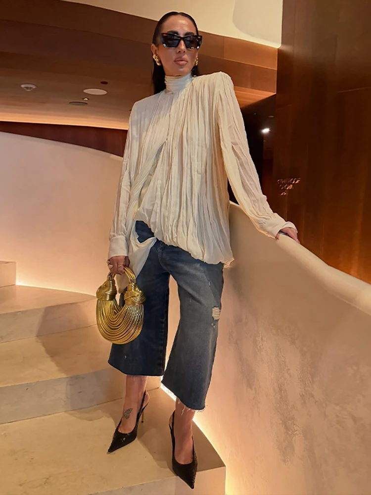 Women’s Pleated Asymmetry Casual Blouse, Half High Collar (Pullover) - Image 2