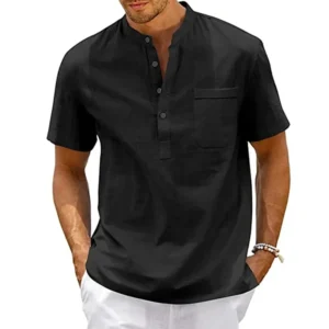 Men's Cotton Linen Henley Neck Casual Short Sleeve Tee