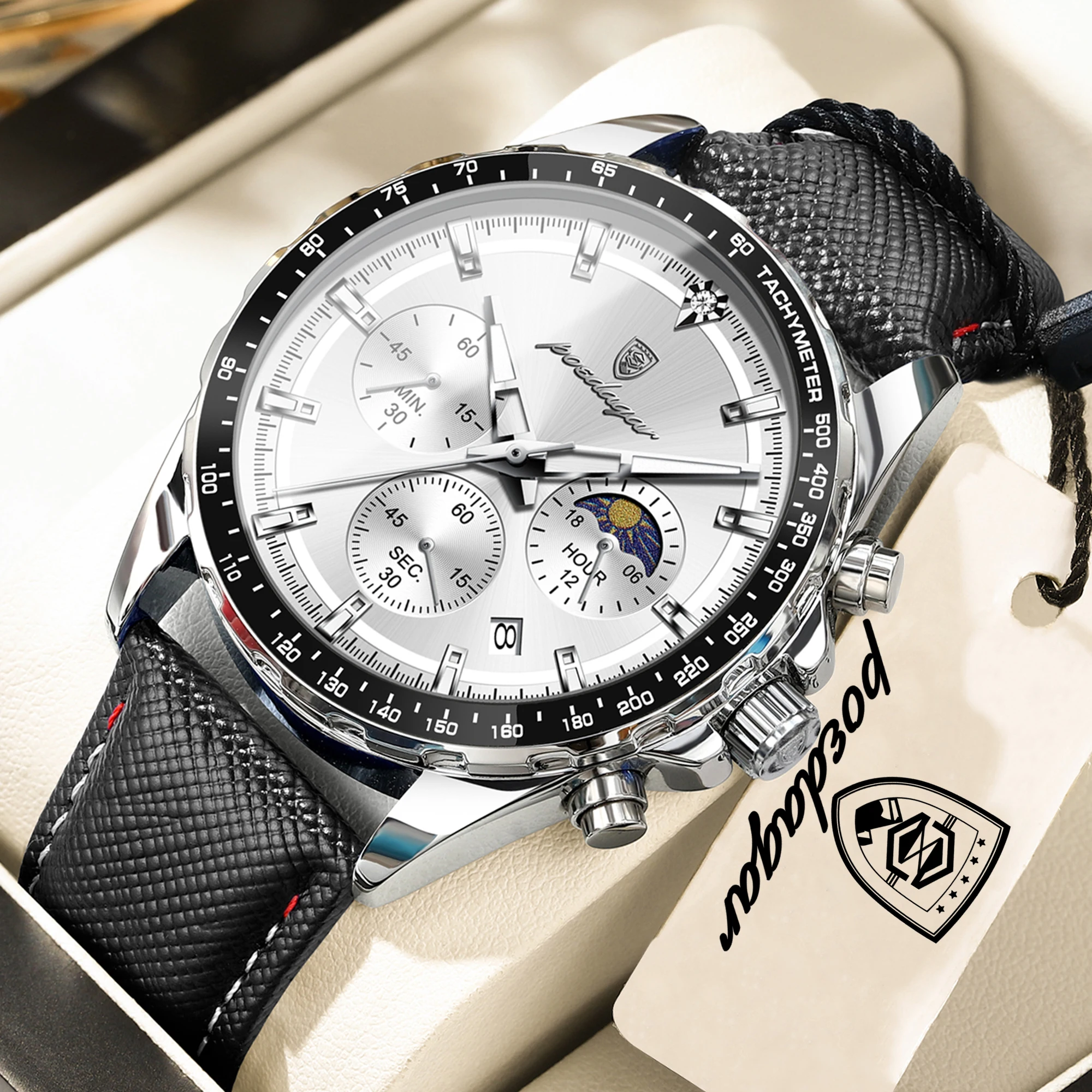 POEDAGAR Men’s Luminous Leather Strap Sports Chronograph Quartz Watch (Model 879L)