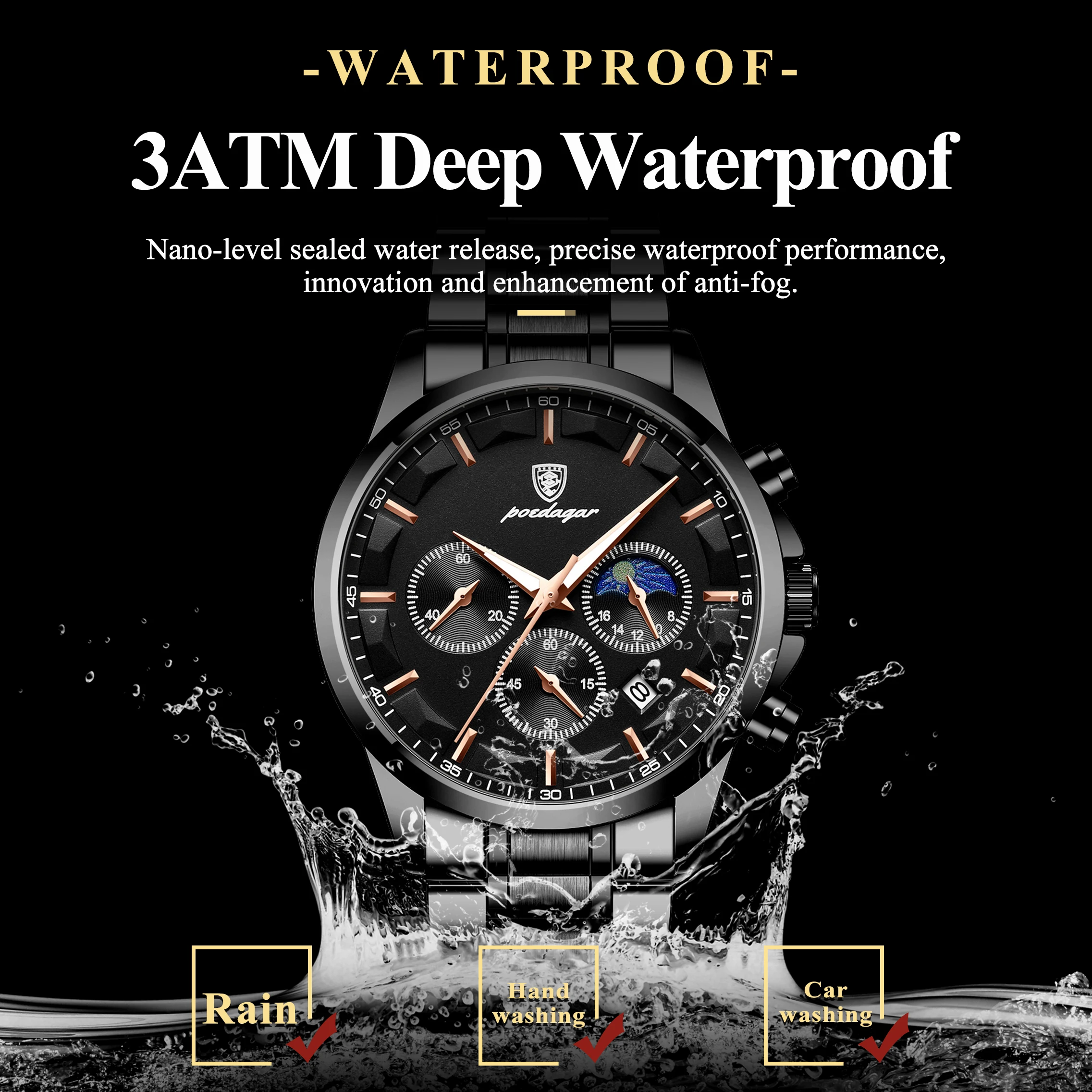 POEDAGAR Men's Waterproof Business Watch - Stylish and Functional - Image 3