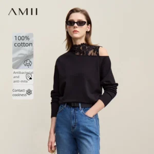 Chic Loose-Fitting Long Sleeve Lace Off-the-Shoulder T-Shirt
