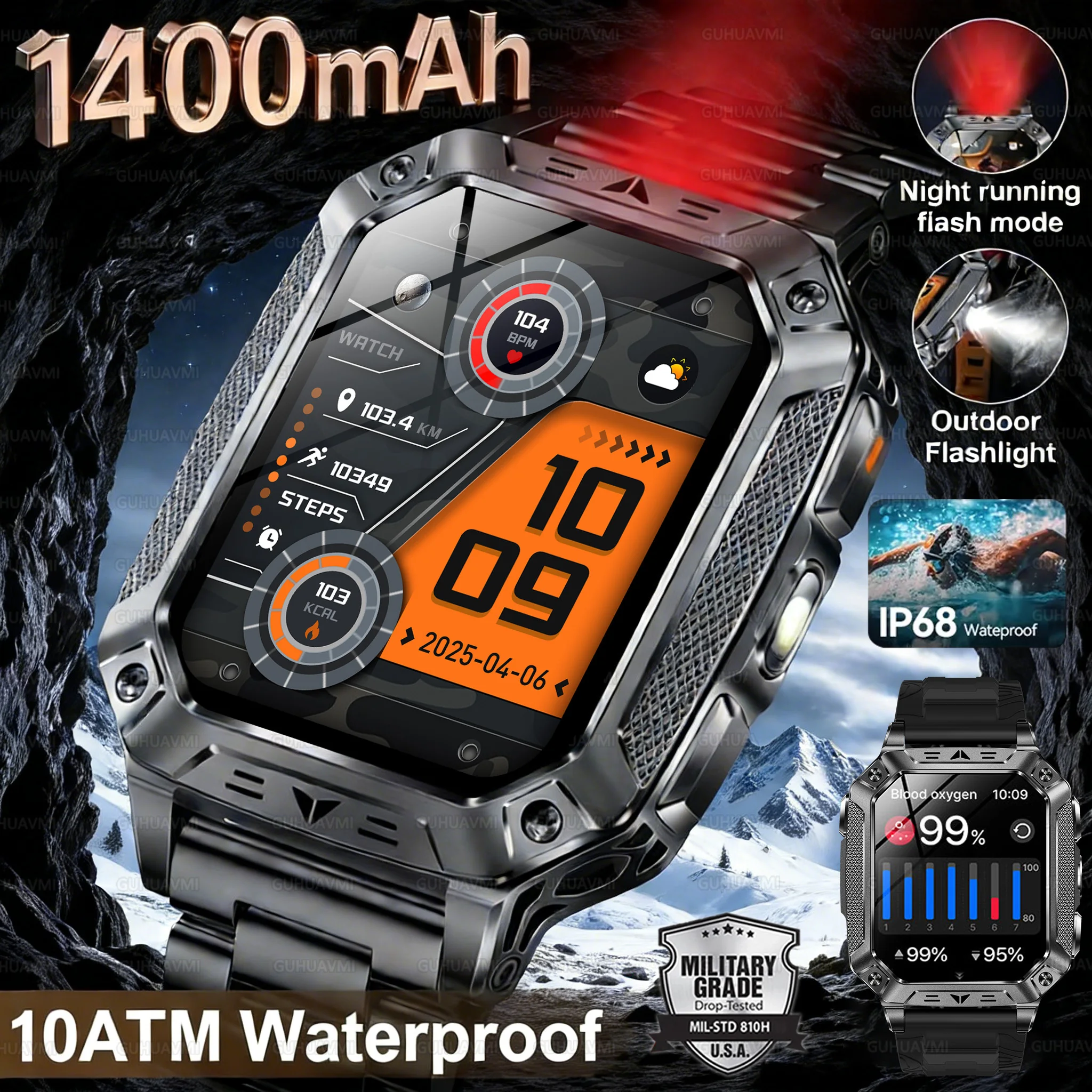 GUHUAVMI 10ATM AMOLED Smart Watch with 1400mAh Battery, Heart Rate & GPS