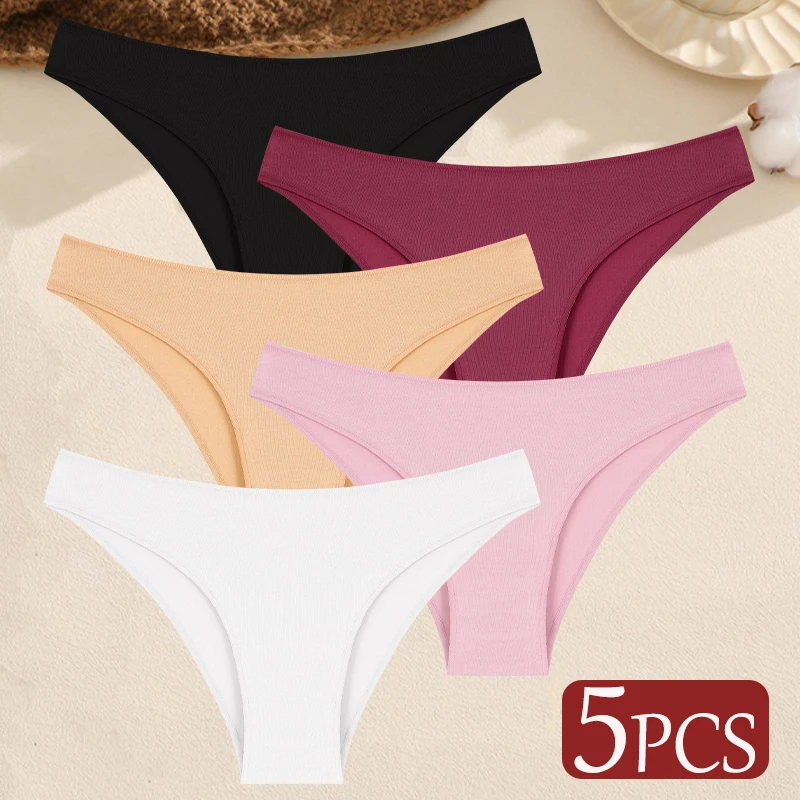 5-Piece Set of Women's Seamless Cotton Low-Waist Briefs in Solid Colors - Image 15