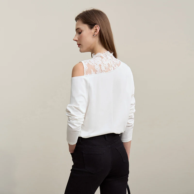 Chic Loose-Fitting Long Sleeve Lace Off-the-Shoulder T-Shirt - Image 2