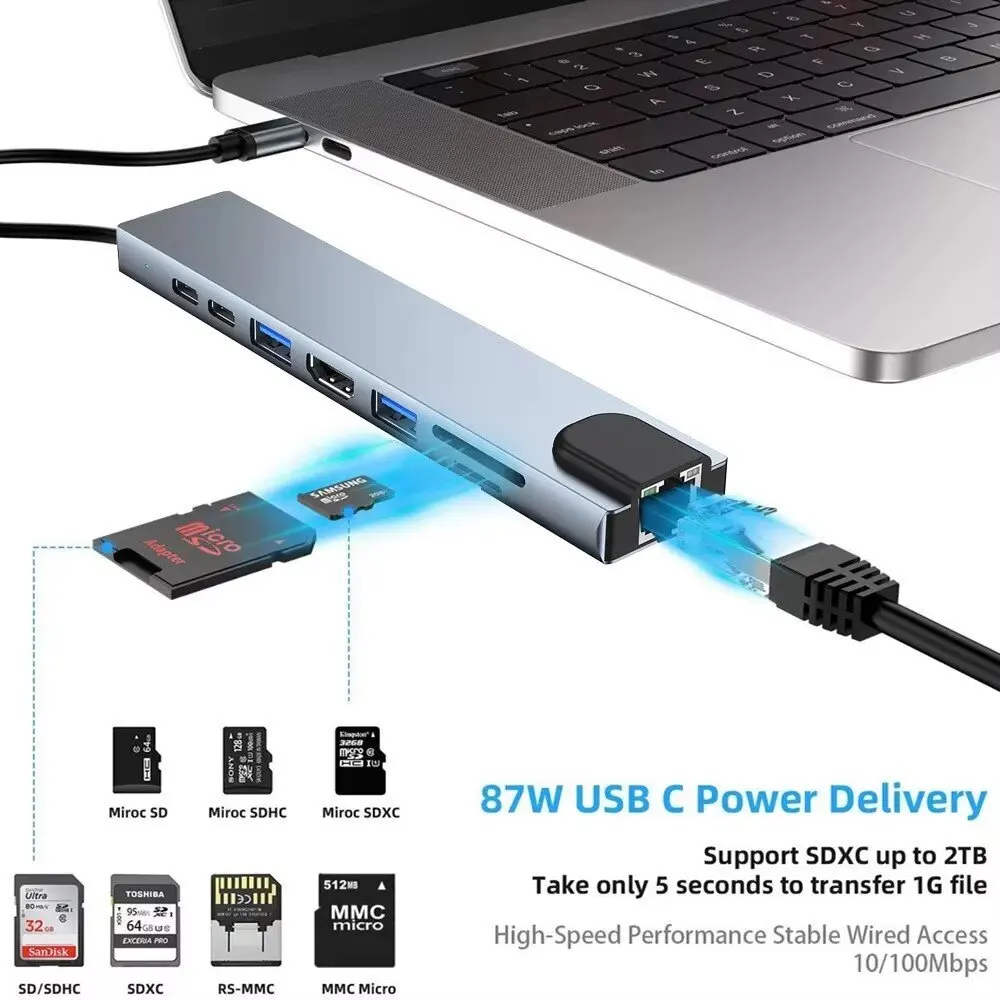 FEIWIMI USB 3.0 Type-C 8-Port HDMI 4K Docking Station with Card Reader and - Image 2