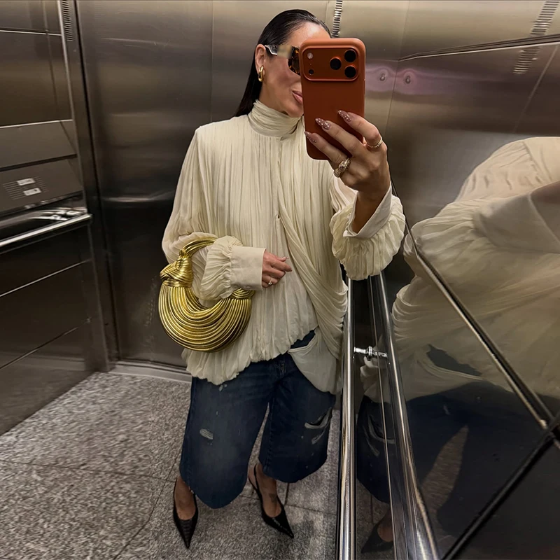 Women’s Pleated Asymmetry Casual Blouse, Half High Collar (Pullover) - Image 7
