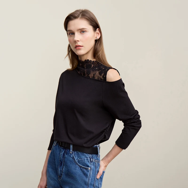 Chic Loose-Fitting Long Sleeve Lace Off-the-Shoulder T-Shirt - Image 5