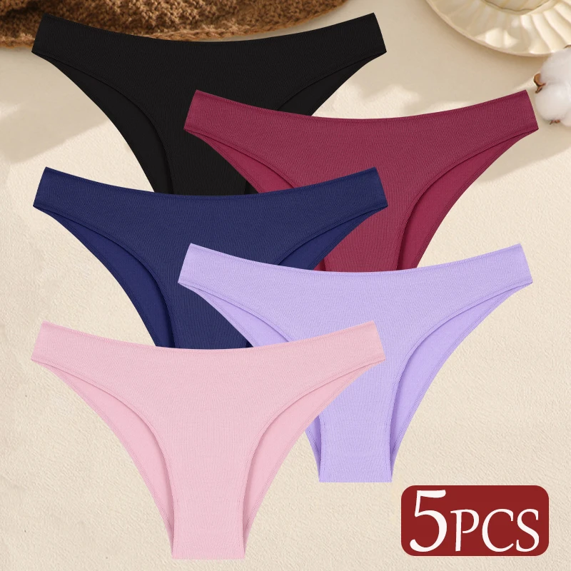 5-Piece Set of Women's Seamless Cotton Low-Waist Briefs in Solid Colors - Image 16