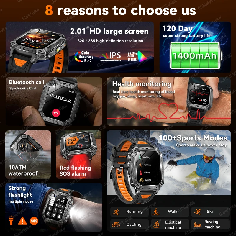 GUHUAVMI 2.01" Waterproof AMOLED Sports Smartwatch with Bluetooth Calling, 1400mAh Battery & - Image 2