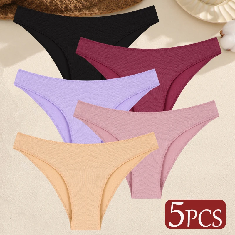 5-Piece Set of Women's Seamless Cotton Low-Waist Briefs in Solid Colors - Image 10