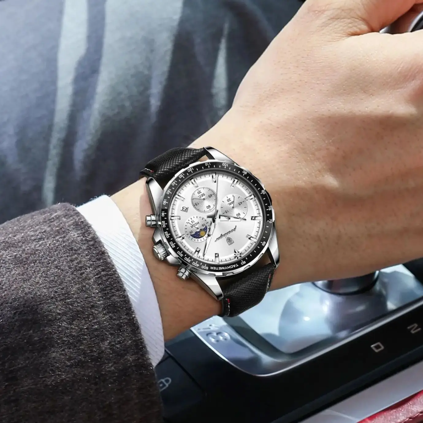 POEDAGAR Men’s Luminous Leather Strap Sports Chronograph Quartz Watch (Model 879L) - Image 6