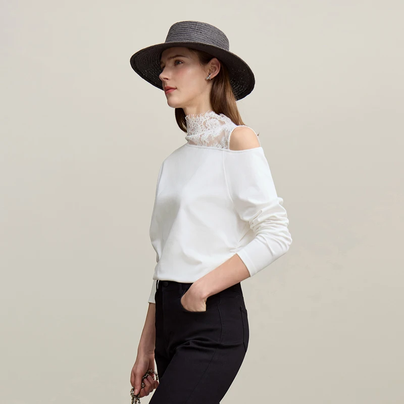 Chic Loose-Fitting Long Sleeve Lace Off-the-Shoulder T-Shirt - Image 4
