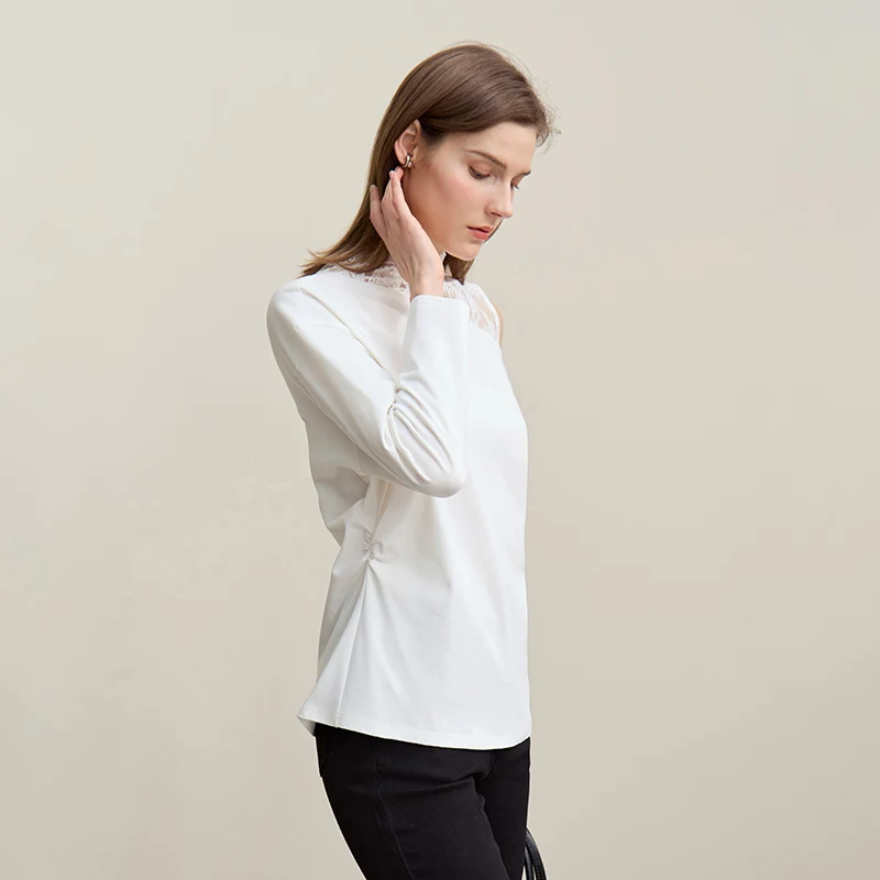 Chic Loose-Fitting Long Sleeve Lace Off-the-Shoulder T-Shirt - Image 3