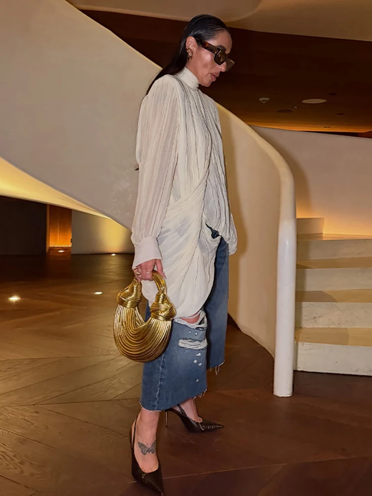 Women’s Pleated Asymmetry Casual Blouse, Half High Collar (Pullover) - Image 3