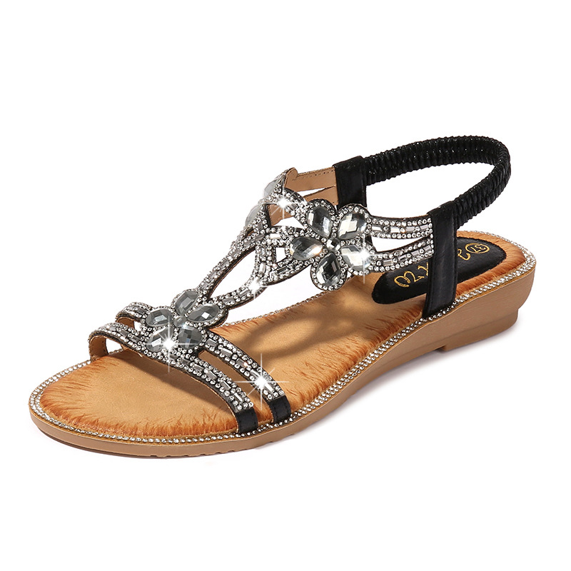 Women's Rhinestone Embellished Comfort Sandals Elegant Crystal T-Strap Slip-On Sandals