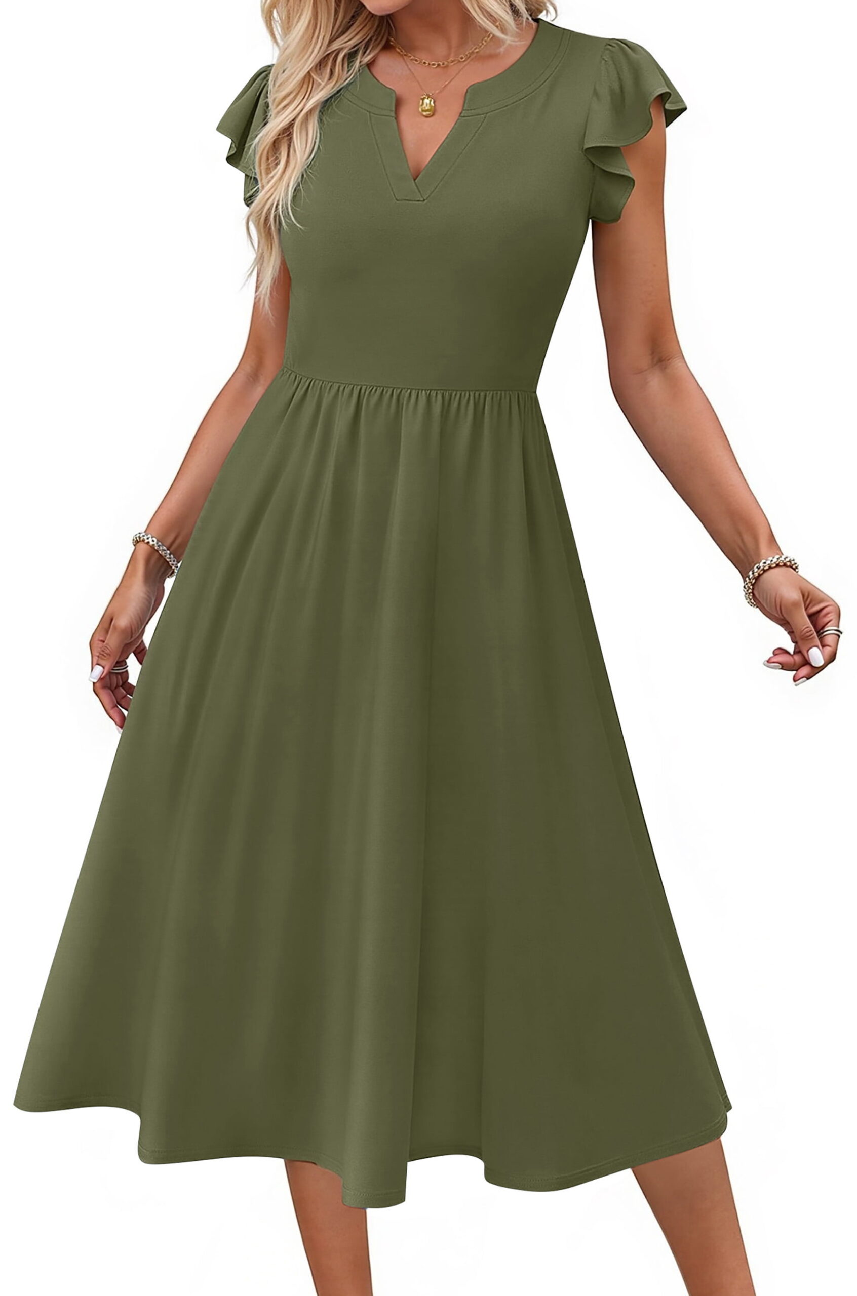 Fantaslook Summer Dresses for Women Ruffle Sleeve V Neck Midi Dresses Fashion Casual Flowy Vacation Sundress - Image 2