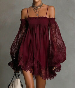 American Independent Station Women's Long SleeveSolid Color Elastic One-Line Neck Lace Dress