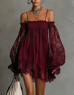 American Independent Station Women's Long SleeveSolid Color Elastic One-Line Neck Lace Dress