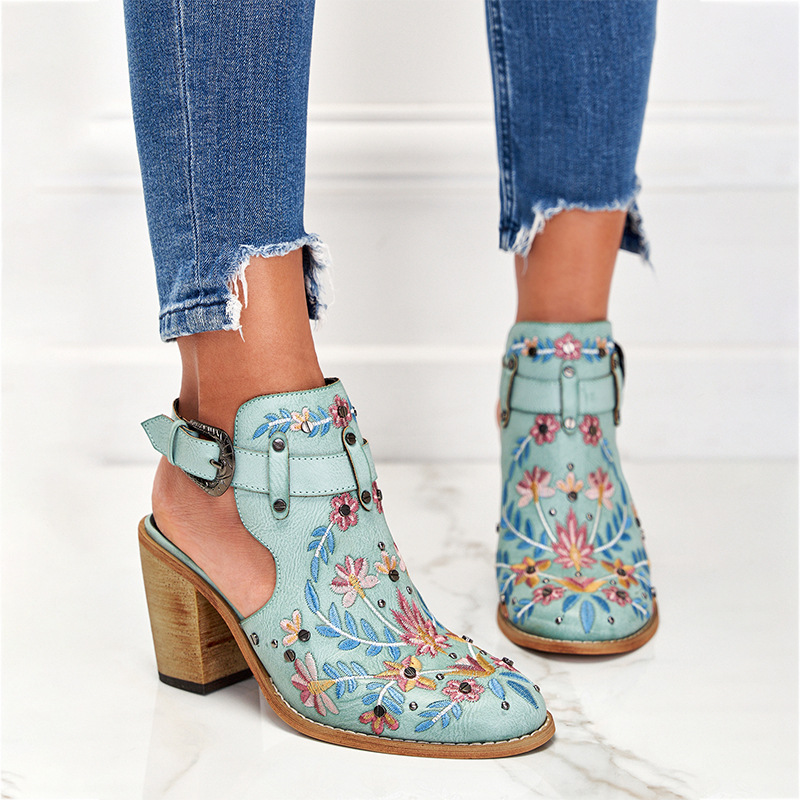 Women's Vintage Floral Embroidered Block Heel Sandals Boho Ankle Strap Summer Shoes - Image 5