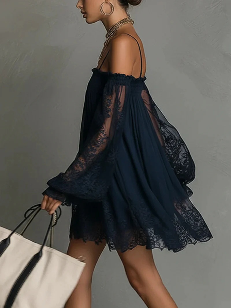 American Independent Station Women's Long SleeveSolid Color Elastic One-Line Neck Lace Dress - Image 7
