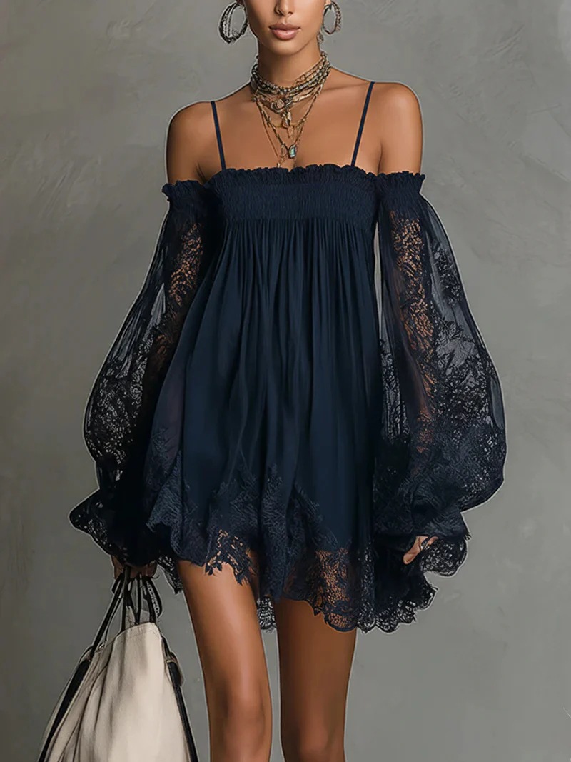 American Independent Station Women's Long SleeveSolid Color Elastic One-Line Neck Lace Dress - Image 3