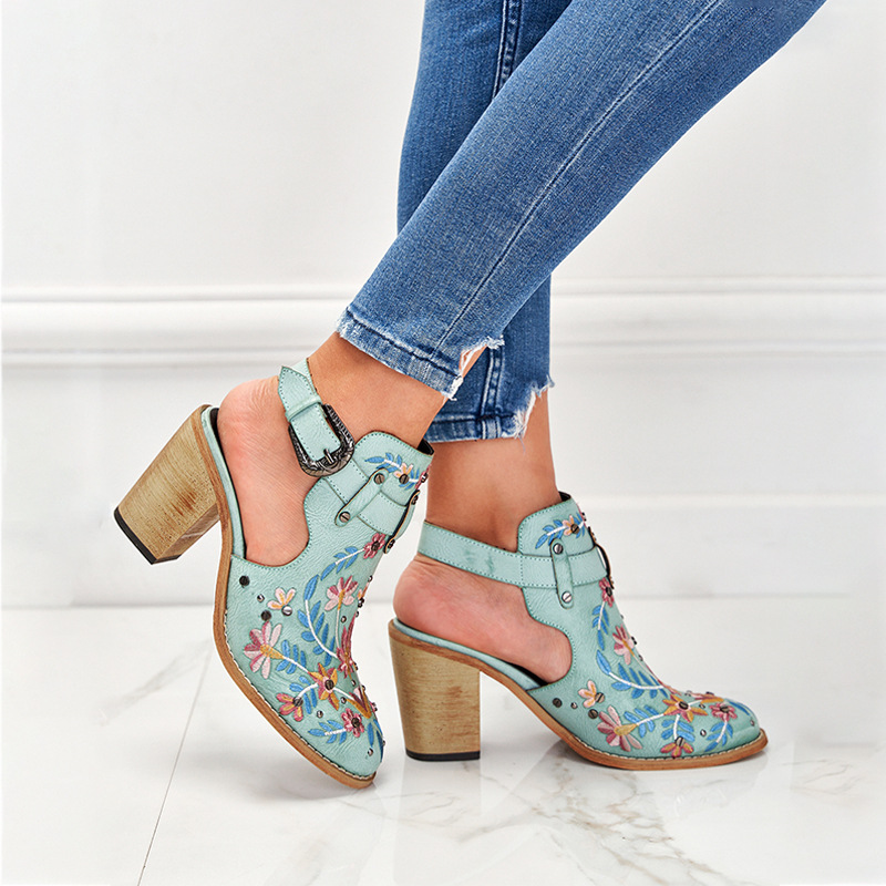 Women's Vintage Floral Embroidered Block Heel Sandals Boho Ankle Strap Summer Shoes
