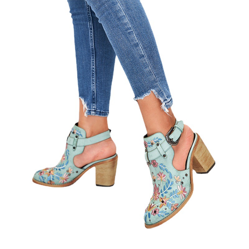 Women's Vintage Floral Embroidered Block Heel Sandals Boho Ankle Strap Summer Shoes - Image 4