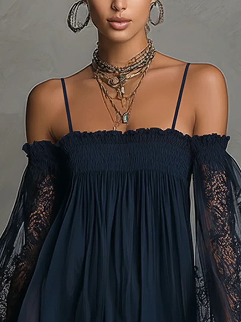 American Independent Station Women's Long SleeveSolid Color Elastic One-Line Neck Lace Dress - Image 5