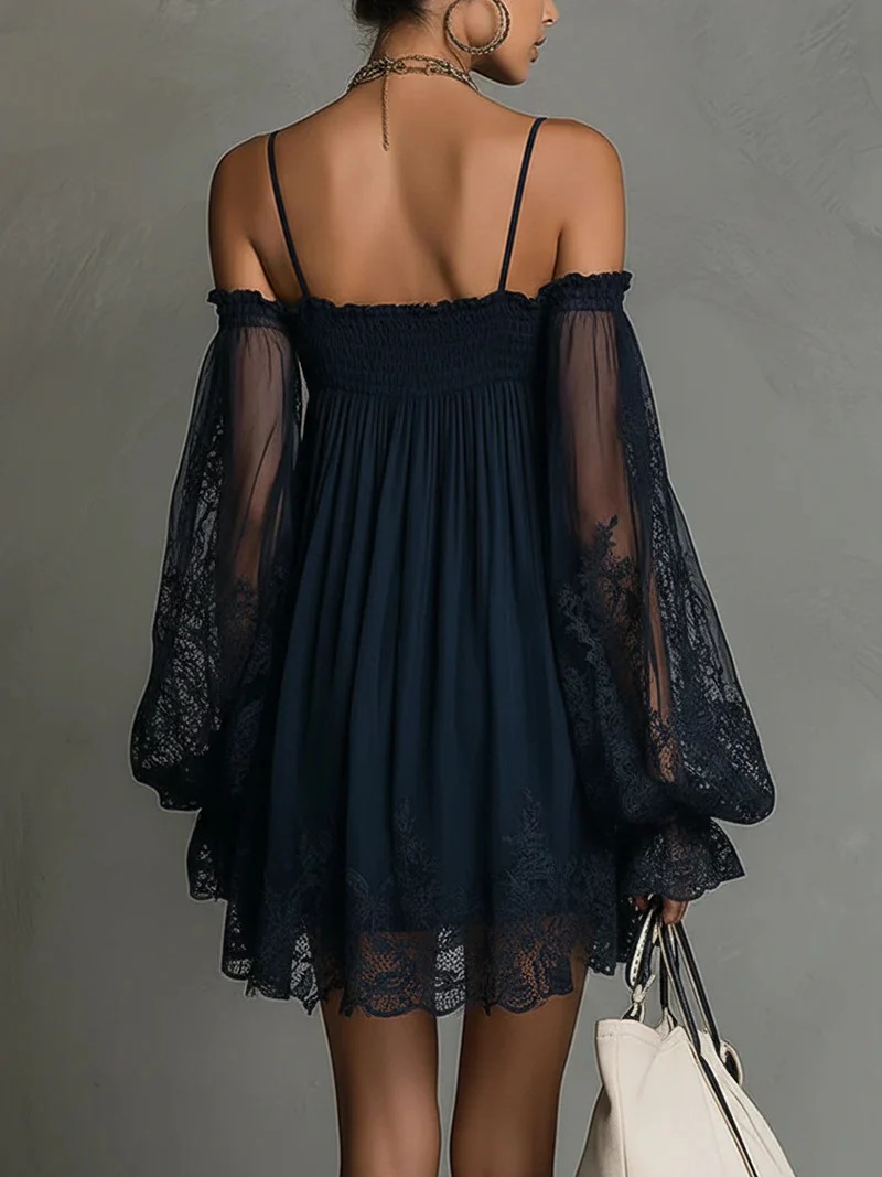 American Independent Station Women's Long SleeveSolid Color Elastic One-Line Neck Lace Dress - Image 4