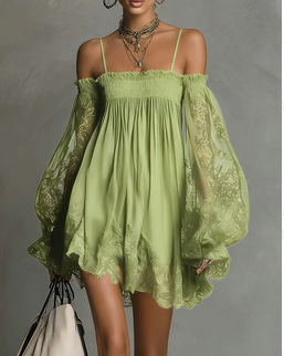 American Independent Station Women's Long SleeveSolid Color Elastic One-Line Neck Lace Dress - Image 2