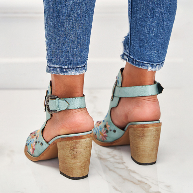 Women's Vintage Floral Embroidered Block Heel Sandals Boho Ankle Strap Summer Shoes - Image 2