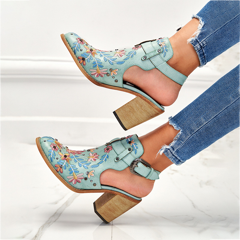 Women's Vintage Floral Embroidered Block Heel Sandals Boho Ankle Strap Summer Shoes - Image 3